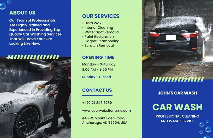 Vibrant Blue and Green Car Wash Services Brochure Template