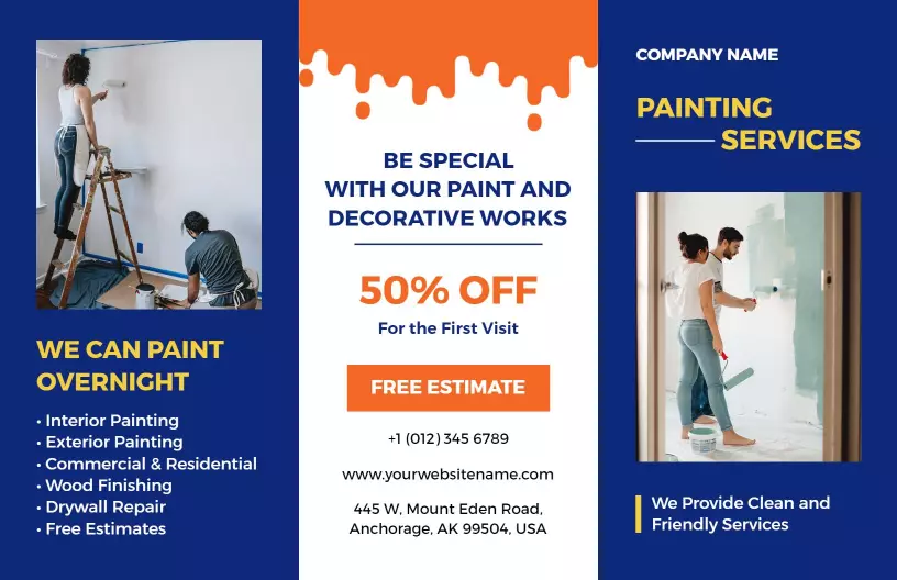Vibrant Blue and Orange Painting Services Promotional Brochure Template