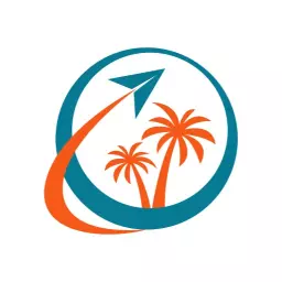 Vibrant Blue and Orange Travel Experience with Scenic Palms Logo Template