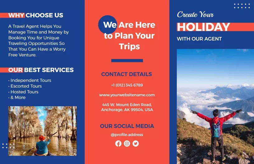 Vibrant Blue and Red Travel Agent Holiday Planning Brochure Template