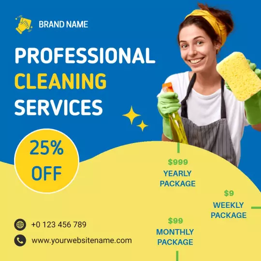 Vibrant Blue and Yellow Cleaning Service Package Discount Ad Template