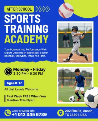 Vibrant Blue Athletic Skills Development Camp Flyer Template