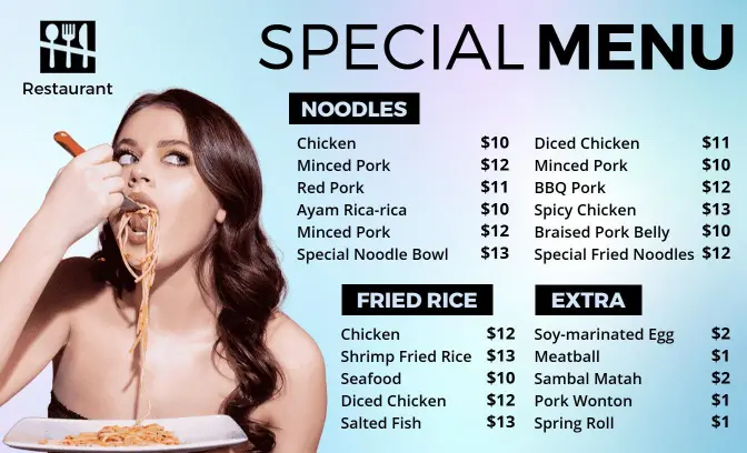 Vibrant Blue Background Special Restaurant Menu Template