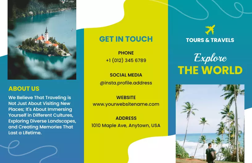 Vibrant Blue Beach and Adventure Travel Brochure Template