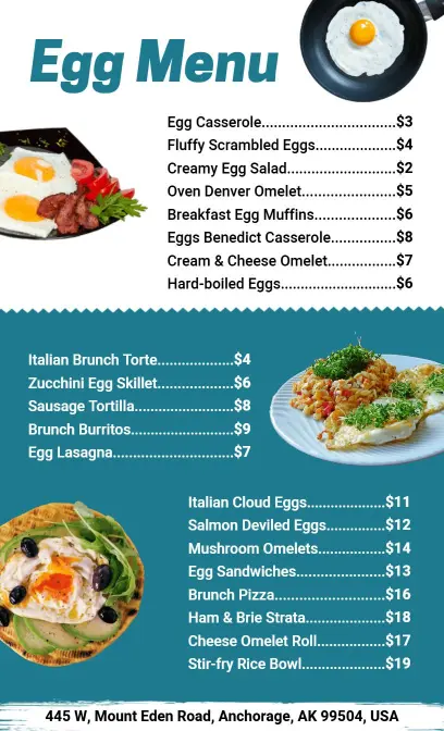 Vibrant Blue Cafe Style Egg Dishes Variety Menu Template
