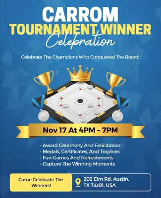Vibrant Blue Carrom Tournament Celebration Award Flyer Template