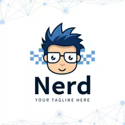 Vibrant Blue Cartoon Character Embodying Nerd Culture Logo Template