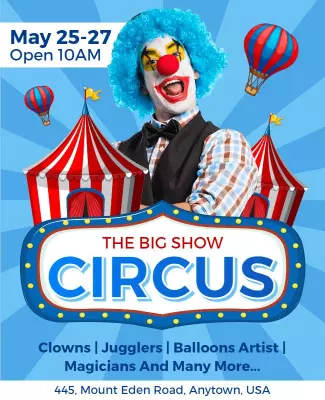 Vibrant Blue Circus Extravaganza with Clowns and Balloons Flyer Template