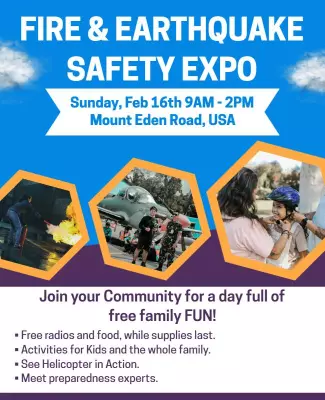 Vibrant Blue Community Fire and Earthquake Safety Expo Poster Template