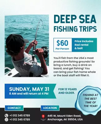 Vibrant Blue Deep Sea Fishing Trips Adventure Poster Template