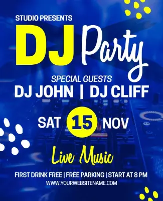 Vibrant Blue DJ Party Live Music Event Poster Template