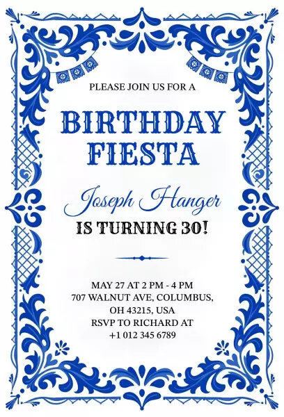 Vibrant Blue Fiesta 30th Birthday Celebration Invitation Template