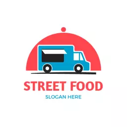 Vibrant Blue Food Truck Under Red Sunset Logo Template