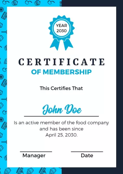 Vibrant Blue Fun Food Company Membership Certificate Template