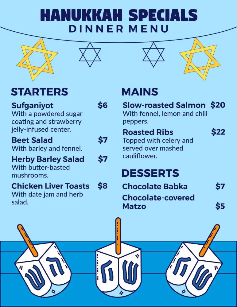 Vibrant Blue Hanukkah Menu Template