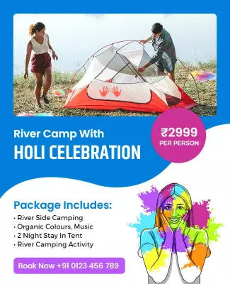 Vibrant Blue Holi Celebration River Camping Experience Poster Template
