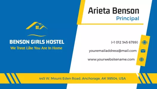 Vibrant Blue Hostel Principal Visiting Card Template