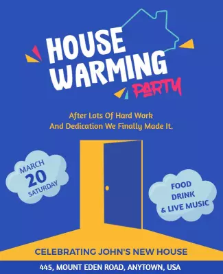 Vibrant Blue Housewarming Party Celebration Flyer Template
