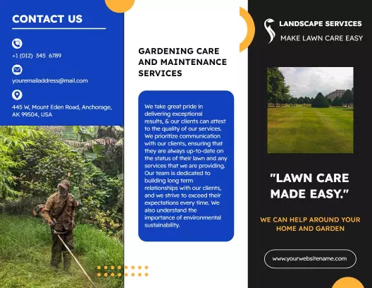 Vibrant Blue Landscape Gardening Care and Maintenance Brochure Template