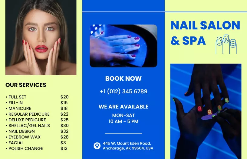 Vibrant Blue Nail Salon and Spa Services Brochure Template