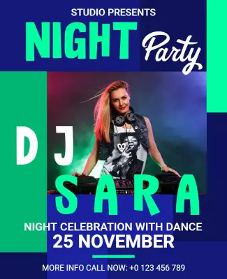 Vibrant Blue Night Party with DJ Celebration Poster Template