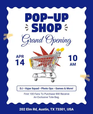 Vibrant Blue Retro Pop-Up Shop Launch Celebration Flyer Template