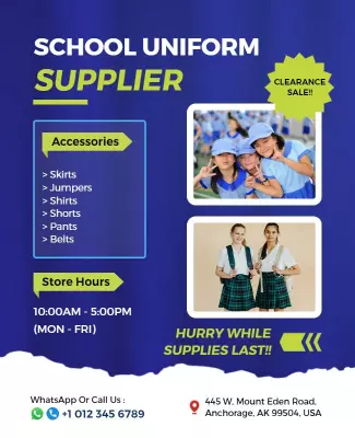 Vibrant Blue School Uniform Supplier Clearance Sale Poster Template