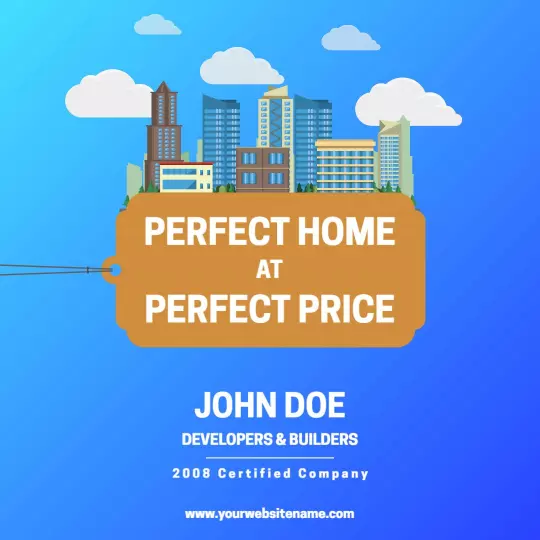 Vibrant Blue Skyline Real Estate Home Pricing Promotion Ad Template