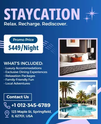 Vibrant Blue Staycation Relaxation Experience Poster Template