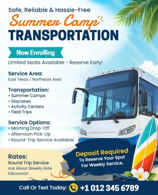 Vibrant Blue Summer Camp Shuttle Service Flyer Template