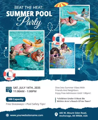 Vibrant Blue Summer Pool Party Celebration Poster Template