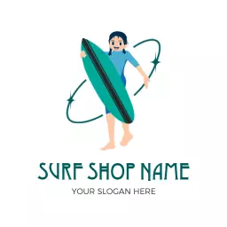 Vibrant Blue Surfboard and Cartoon Character Surfing Logo Template