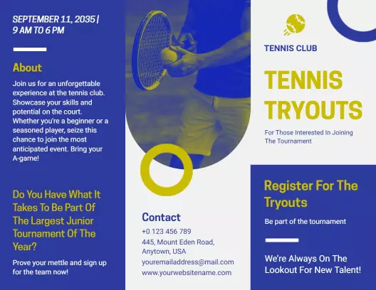 Vibrant Blue Tennis Club Tryouts Announcement Brochure Template