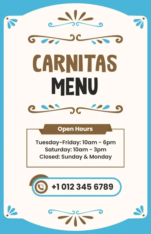 Vibrant Blue Themed Carnitas Restaurant Menu Template