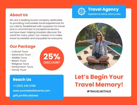 Vibrant Blue Travel Agency Adventure Tours Discount Brochure Template