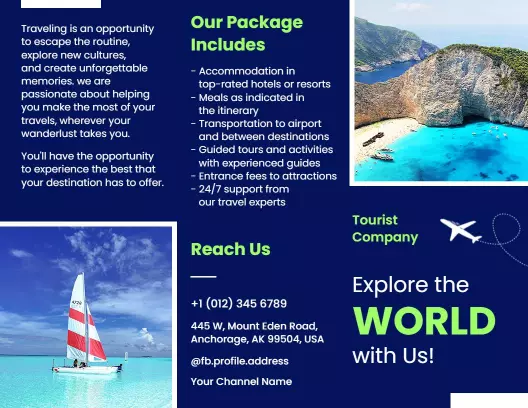 Vibrant Blue Travel Packages and Destinations Tourist Brochure Template