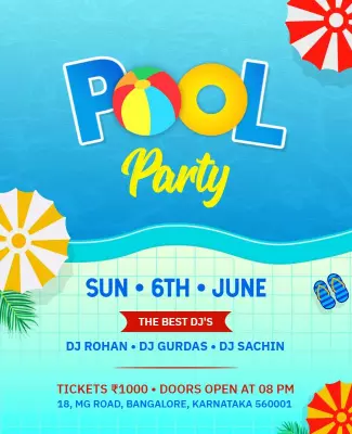 Vibrant Blue Tropical Pool Party Celebration Poster Template