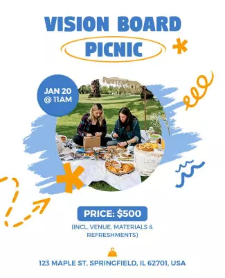 Vibrant Blue Vision Board Picnic Event Poster Template