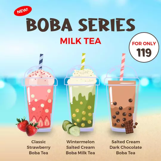 Vibrant Boba Series Milk Tea Promotions with Flavor Variety Ad Template
