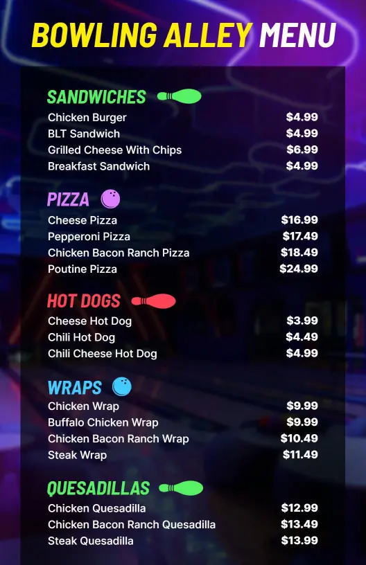 Vibrant Bowling Alley Sandwiches and Pizza Menu Template