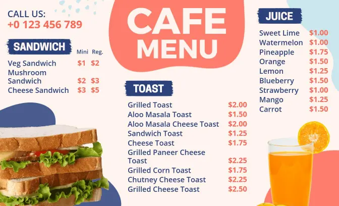 Vibrant Cafe Drink and Sandwich Selection Menu Template