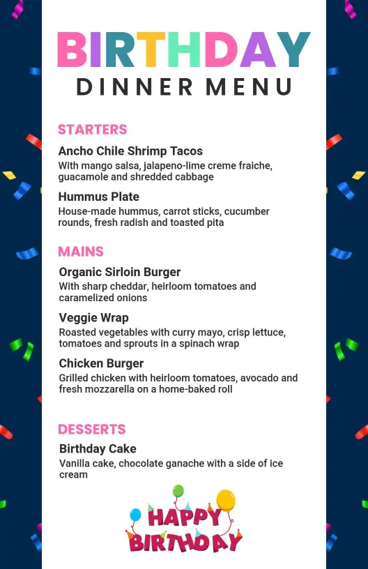 Vibrant Celebration Birthday Dinner Menu Template