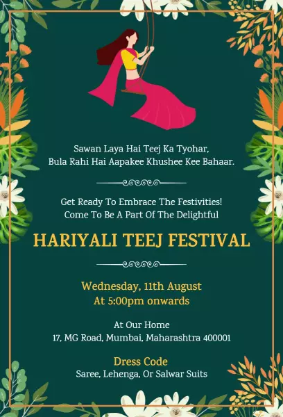 Vibrant Celebratory Hariyali Teej Festival Invitation Template