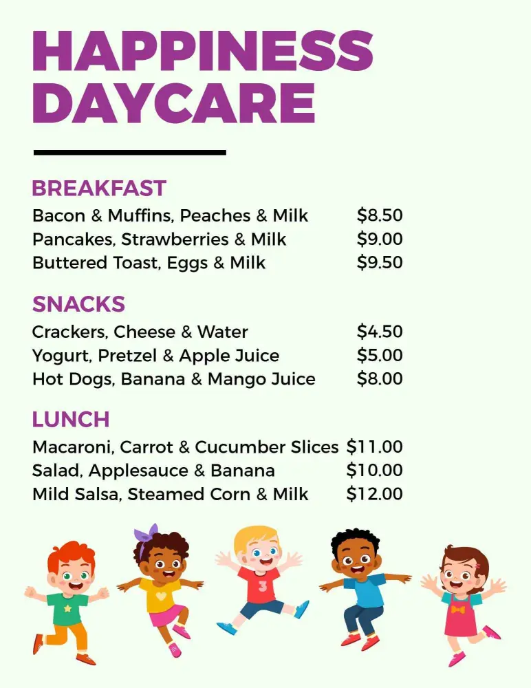 Vibrant Child-Friendly Daycare Dining Menu Template