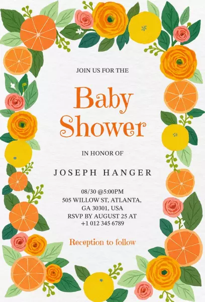 Vibrant Citrus Floral Baby Shower Celebration Invitation Template