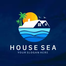 Vibrant Coastal Sunset with Houses Near the Sea Logo Template