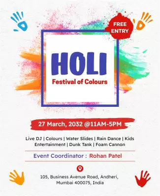 Vibrant Color Splash Holi Festival Celebration Poster Template