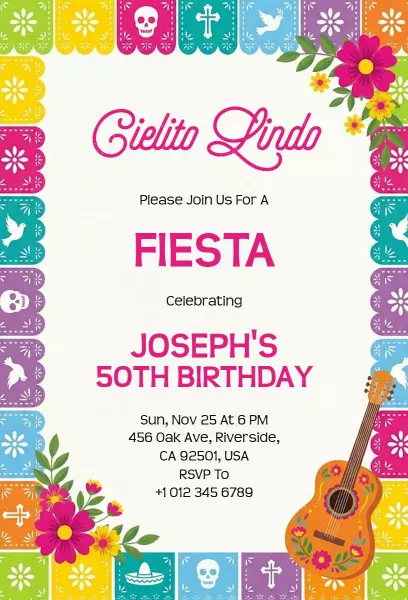 Vibrant Colorful Fiesta 50th Birthday Celebration Invitation Template