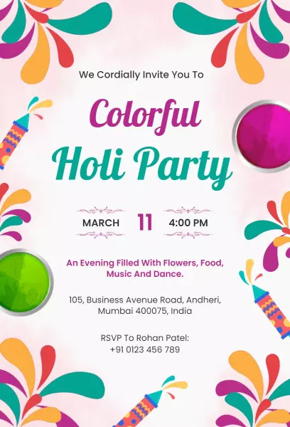 Vibrant Colorful Holi Celebration Party Invitation Template