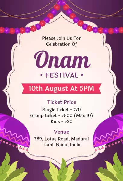 Vibrant Colorful Onam Festival Celebration Invitation Template